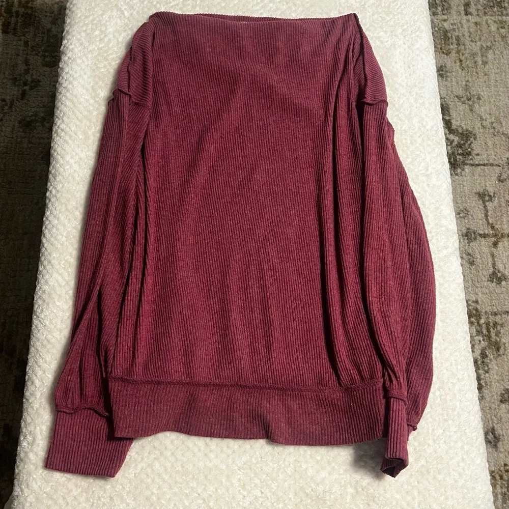 Free People Sweater Womens Medium Maroon Off Shoulder Ribbed Knit Boho Chic
